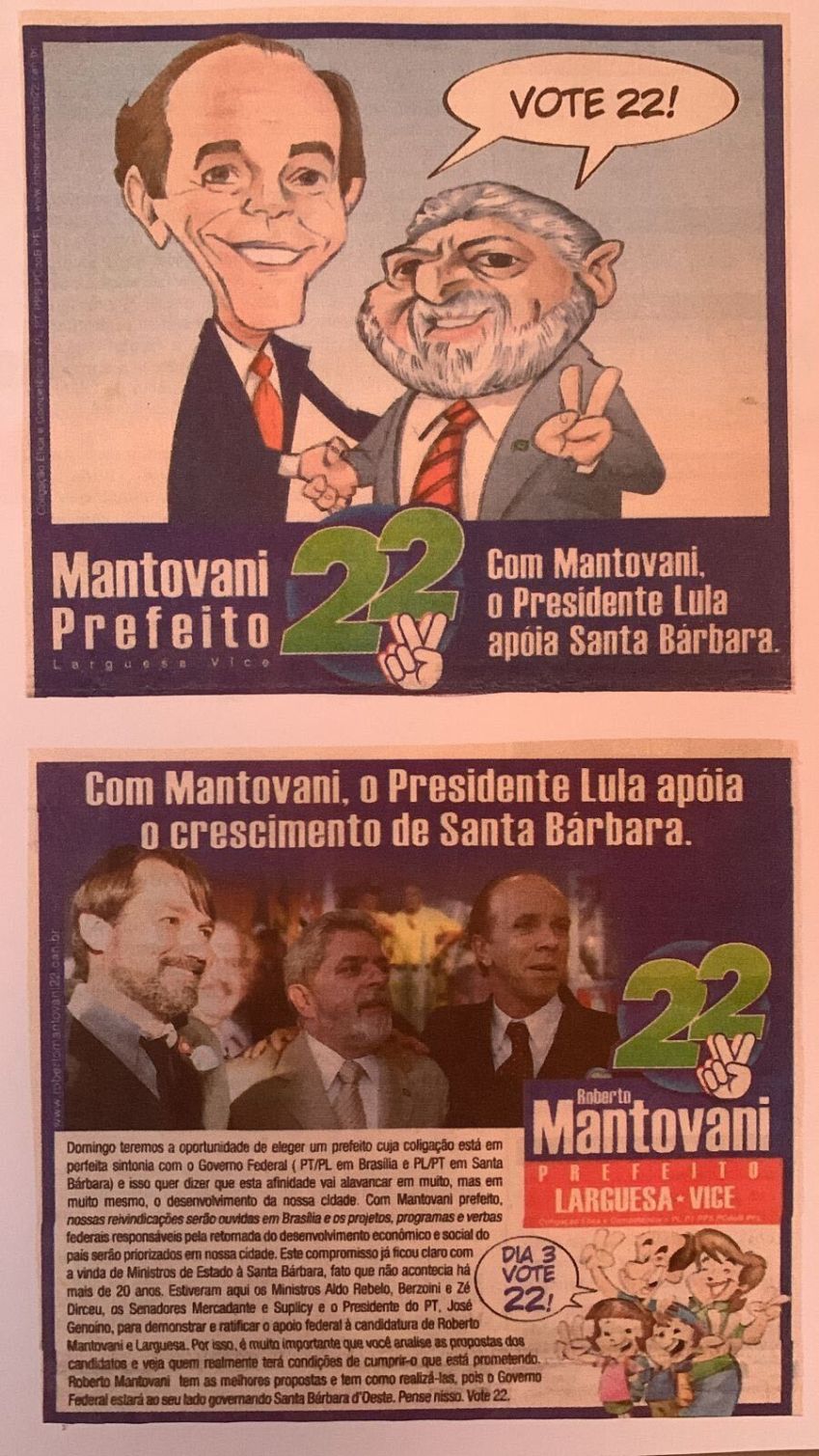 Propaganda usou caricatura de Mantovani e Lula / Reprodução