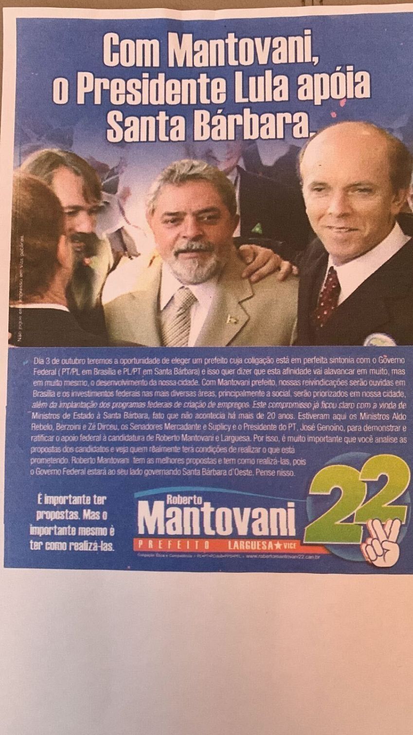 Santinho utilizado por Mantovani em campanha eleitoral / Reprodução