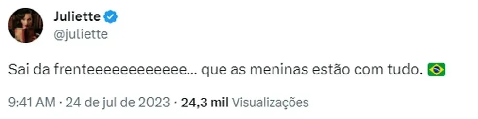 Juliette posta mensagem em apoio à seleção feminina / Reprodução/Twitter