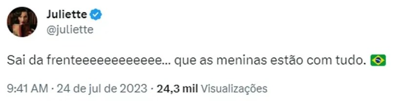 Juliette posta mensagem em apoio à seleção feminina / Reprodução/Twitter