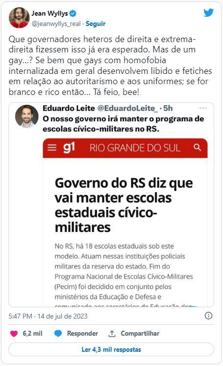 Postagem do ex-deputado federal Jean Wyllys contra o governador do Rio Grande do Sul, Eduardo Leite /