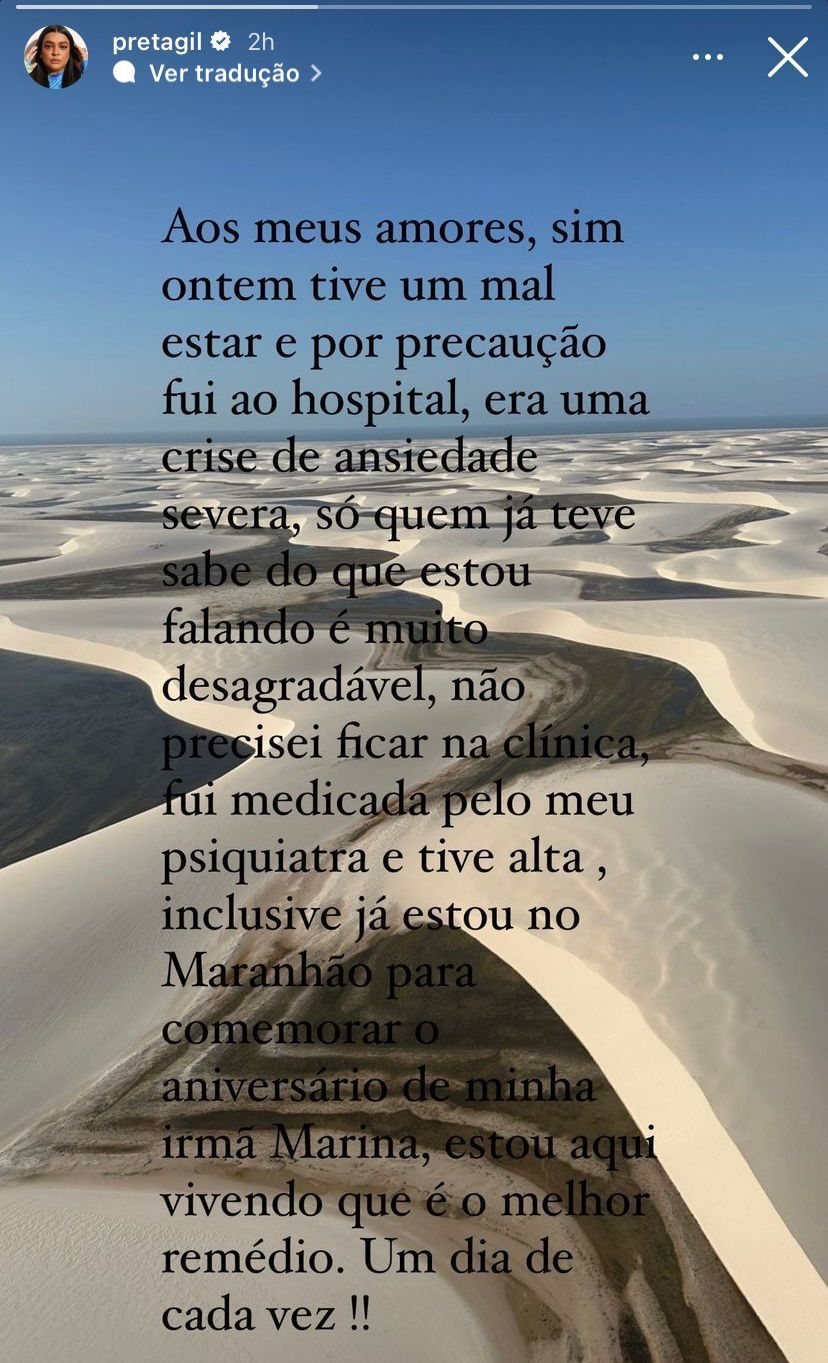 Aos 48 anos, cantora enfrenta batalha contra um câncer de intestino / Reprodução/Preta Gil/Instagram