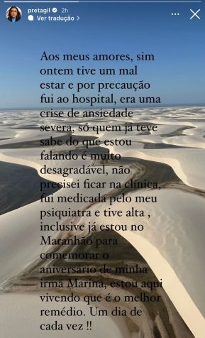 Aos 48 anos, cantora enfrenta batalha contra um câncer de intestino / Reprodução/Preta Gil/Instagram