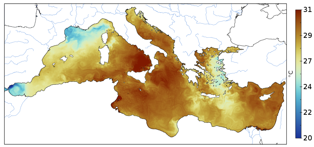 Mapa de calor da superfície do Mar Mediterrâneo registrado na última segunda-feira (24) | Divulgação/Instituto de Ciências do Mar
