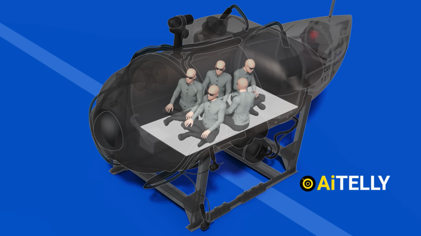 Animação 3D mostra interior do submersível Titan. / Reprodução/Youtube/AiTelly