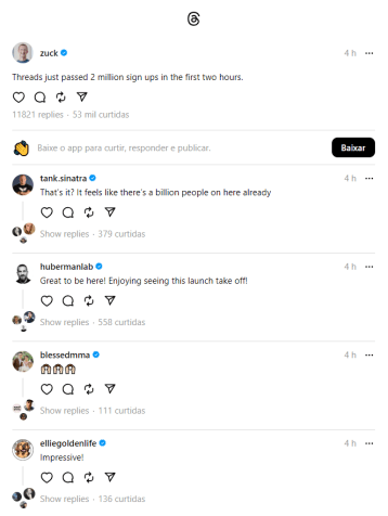 Mark Zuckerberg comenta o marco de 2 milhões de usuários em sua nova rede social Threads. / Reprodução/Threads