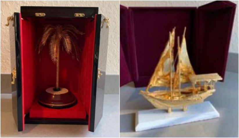 Escultura de palmeira e de barco presenteados ao Brasil. Mauro Cid tentou vendê-los nos EUA, mas não conseguiu porque não eram de ouro, apontou PF/ Reprodução