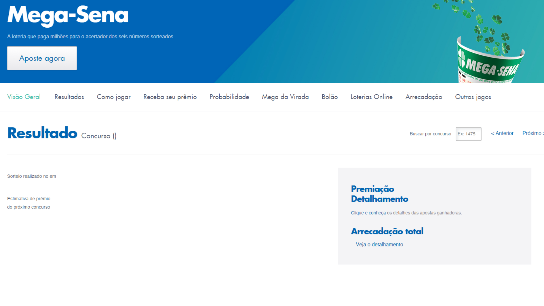 Site da Caixa sem informações sobre o sorteio da Mega-Sena deste sábado (12)
