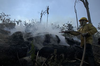 Grupo do Ibama combate foco de incêndio na cidade de Novo Progresso, no sul do Pará, na Amazônia brasileira, em agosto de 2020.