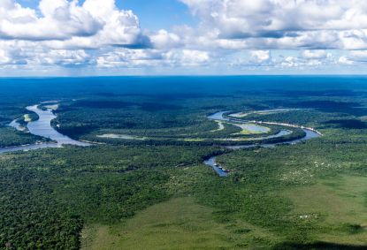 Rio recorta os meandros da Amazônia brasileira em Manaus. Fotografia de janeiro de 2023.