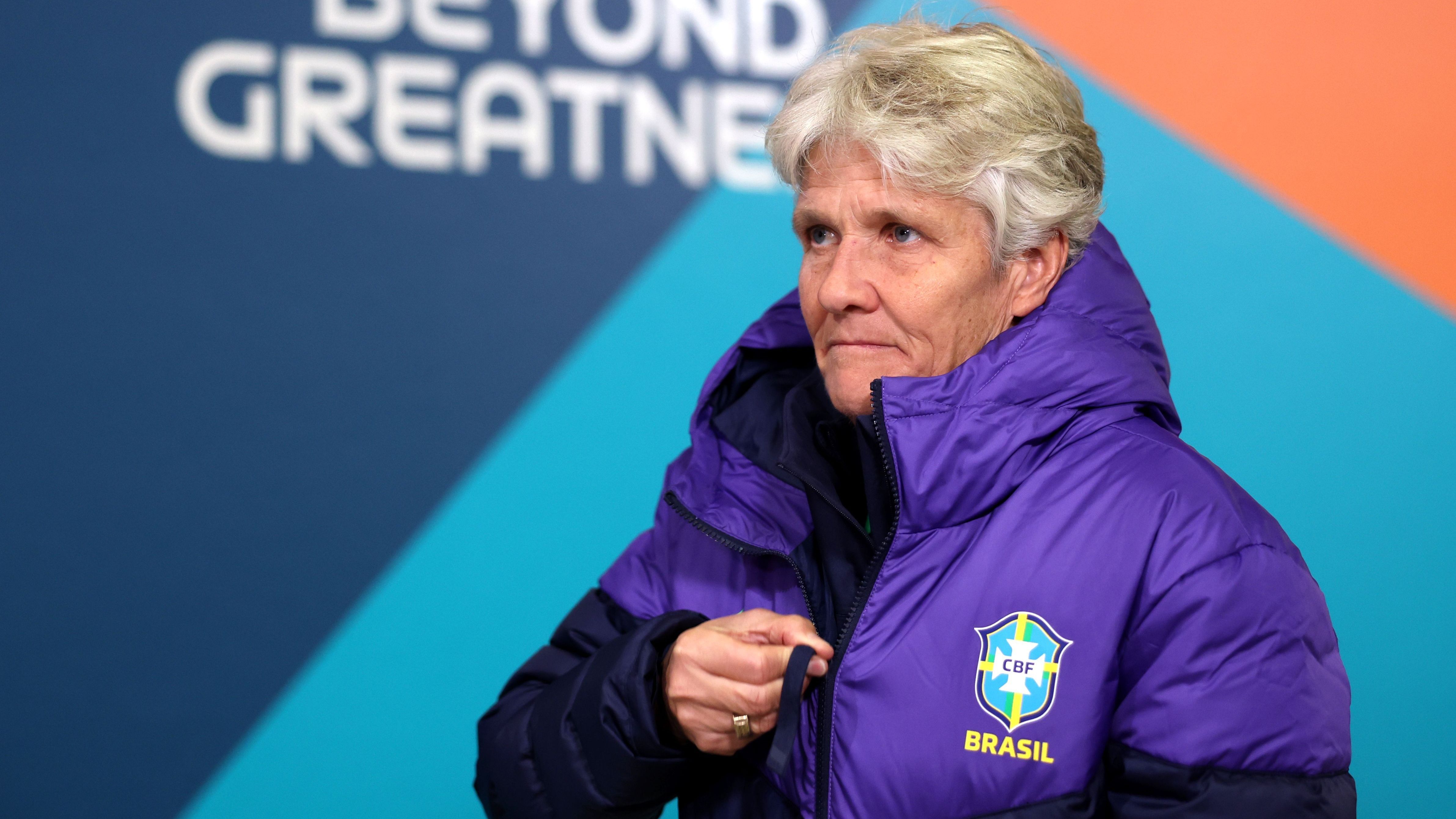 A técnica Pia Sundhage, durante o jogo entre Brasil e Jamaica