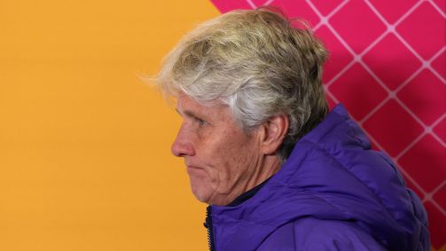 Pia Sundhage na coletiva após a eliminação do Brasil