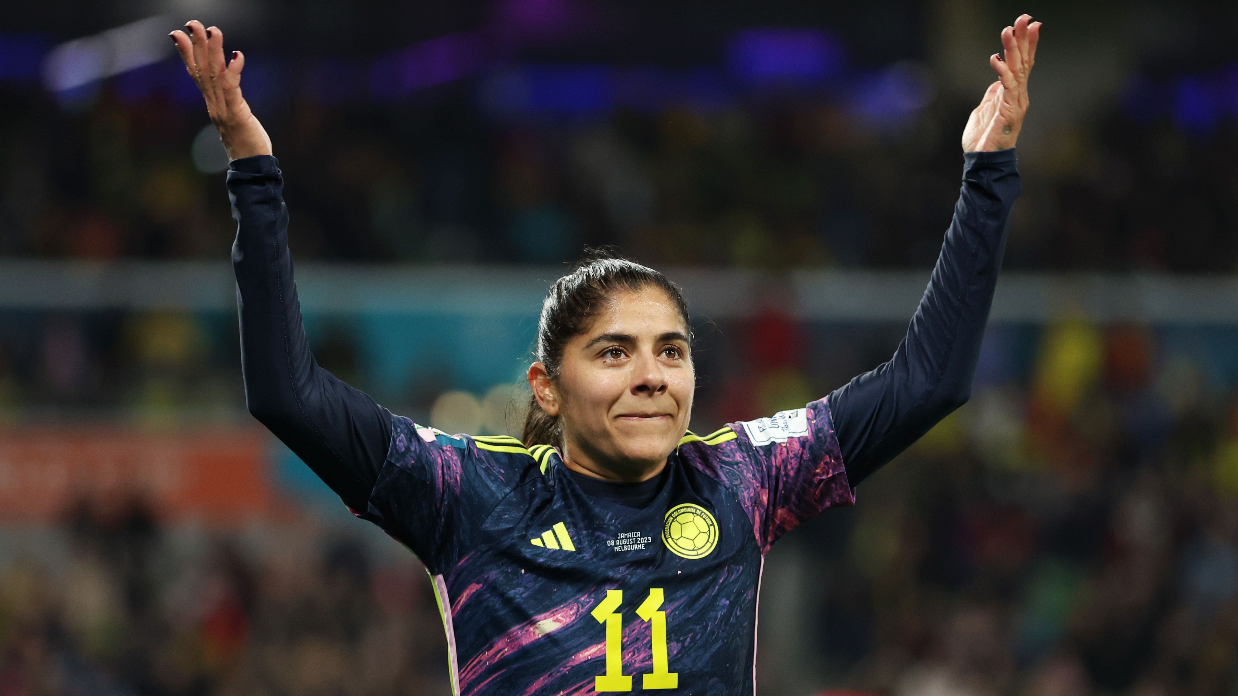 Catalina Usme, da Colômbia, comemora gol sobre a Jamaica