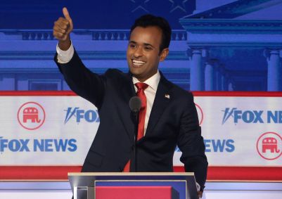 Candidato presidencial republicano Vivek Ramaswamy durante o primeiro debate das primárias do Partido Republicano