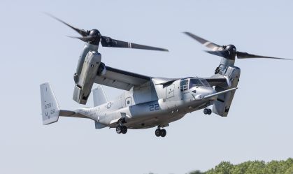 A V-22B Osprey of the U.S. Marine Corps takes off from RAF Fairford, United Kingdom.