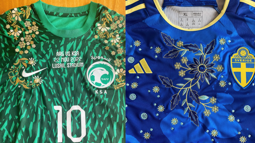 Detalhes das camisetas de futebol bordadas por Diana / Reprodução