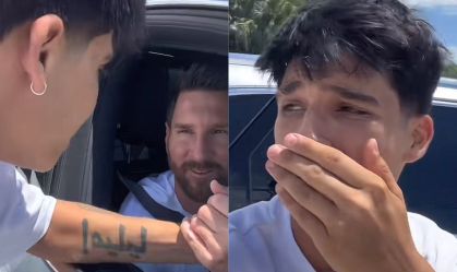 Fã encontra Messi no farol e ganha beijo do jogador: “Obrigada, Deus”