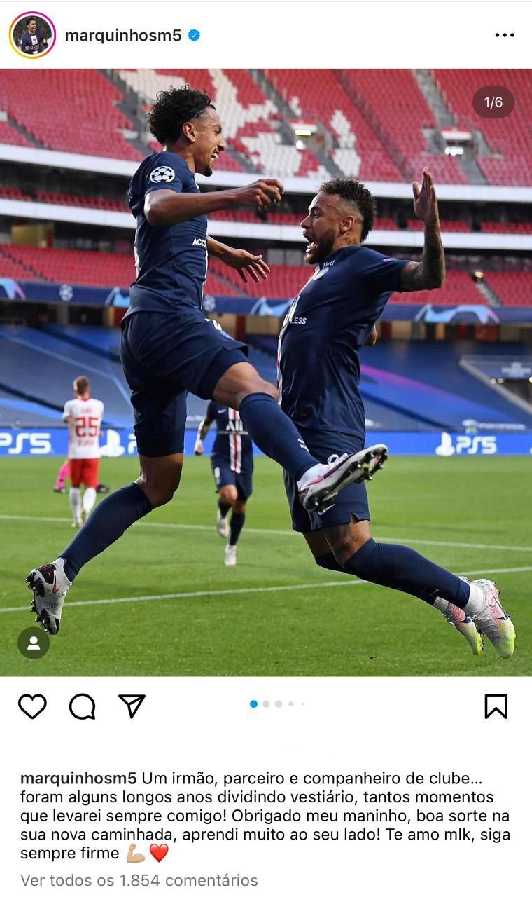 Marquinhos desejou boa sorte a Neymar pelas redes sociais / Reprodução/Instagram