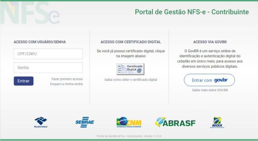 Tela inicial do Portal Nacional de Emissão de Nota Fiscal de Serviços