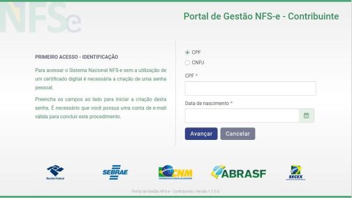 Tela para primeiro acesso do Portal Nacional de Emissão de Nota Fiscal de Serviços