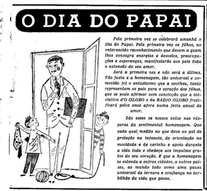 Anúncio do primeiro Dia dos Pais no Brasil, na edição do jornal O Globo em 15 de agosto de 1953. / Reprodução