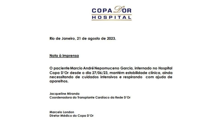 MC Marcinho está internado desde o dia 27 de junho / Divulgação/Hospital Copa D'or