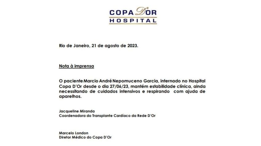 MC Marcinho está internado desde o dia 27 de junho / Divulgação/Hospital Copa D'or