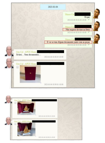 Troca de mensagens entre Mauro Cid e seu pai, Mauro Lourena Cid, falando sobre as esculturas dadas como presente ao governo federal durante a gestão de Jair Bolsonaro (PL).
