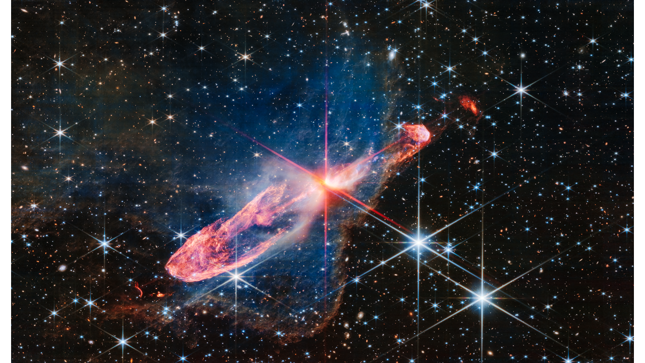 O elemento astronômico em forma de interrogação foi encontrado próximo das estrelas Herbig-Haro 46/47 / Webb Space Telescope/Reprodução
