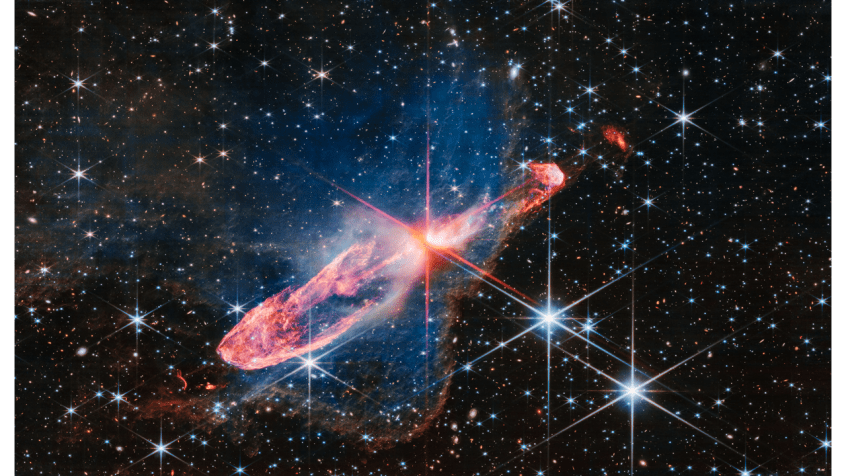 O elemento astronômico em forma de interrogação foi encontrado próximo das estrelas Herbig-Haro 46/47 / Webb Space Telescope/Reprodução