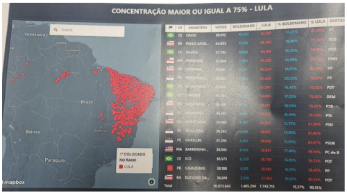 Imagem armazenada no celular de Marília Alencar, com o resultado do levantamento de municípios com mais de 75% dos votos para Lula (PT) no primeiro turno das eleições de 2022. / Reprodução