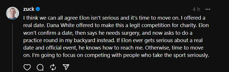 Mark Zuckerberg publica sobre luta com Elon Musk / Reprodução/Thereads