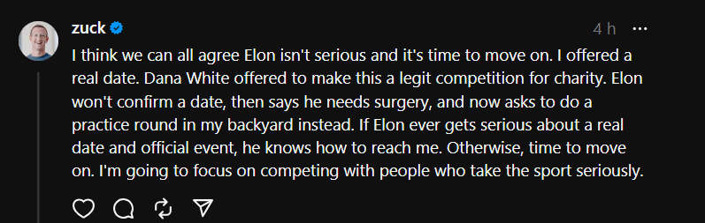 Mark Zuckerberg publica sobre luta com Elon Musk / Reprodução/Thereads