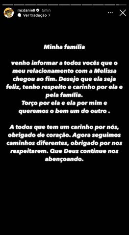 MC Daniel também confirmou o término com a atriz / Reprodução/MC Daniel/Instagram