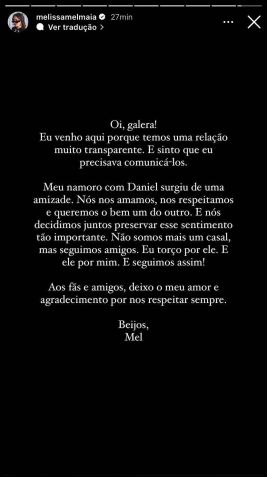 Leia o comunicado de Mel Maia no Instagram / Reprodução/Mel Maia/Instagram