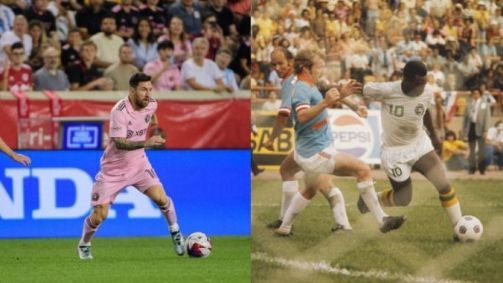 Montagem com Messi em ação contra o New York Red Bulls, e Pelé em ação contra o Dallas Tornados