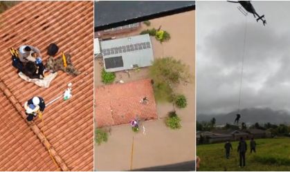 Fortes chuvas tempestade - PRF resgata mãe e bebê com helicóptero em cidade afetada por ciclone no RS