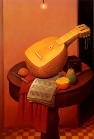 "Natureza Morta com Bandolim" (1956), uma das primeiras obras de Fernando Botero com seu estilo característico. / Reprodução