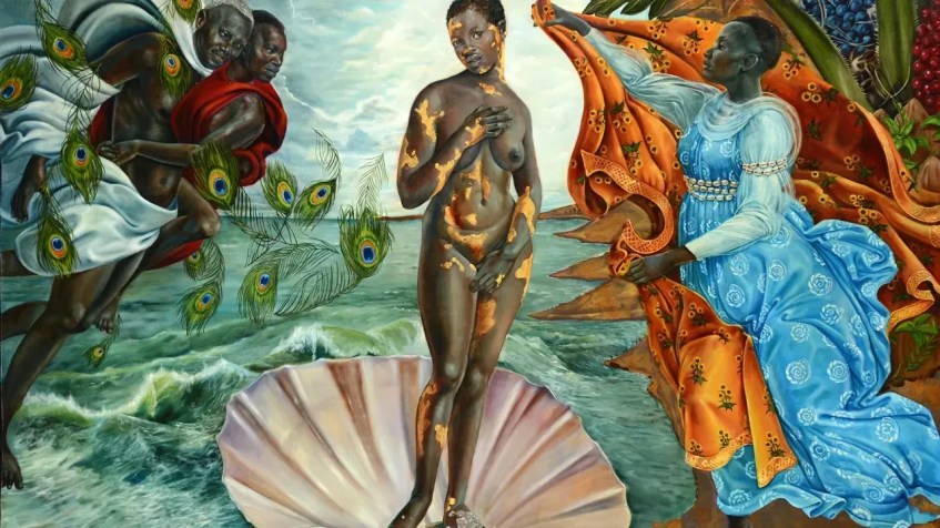 Atualmente em exibição no Museu de Belas Artes do Spelman College, em Atlanta, a exposição "Harmonia Rosales: Master Narrative" entrelaça a religião da África Ocidental e as técnicas artísticas do período renascentista. Na foto: a obra de Rosales "O Nascimento de Oxum" • Lucy Garrett/Harmonia Rosales