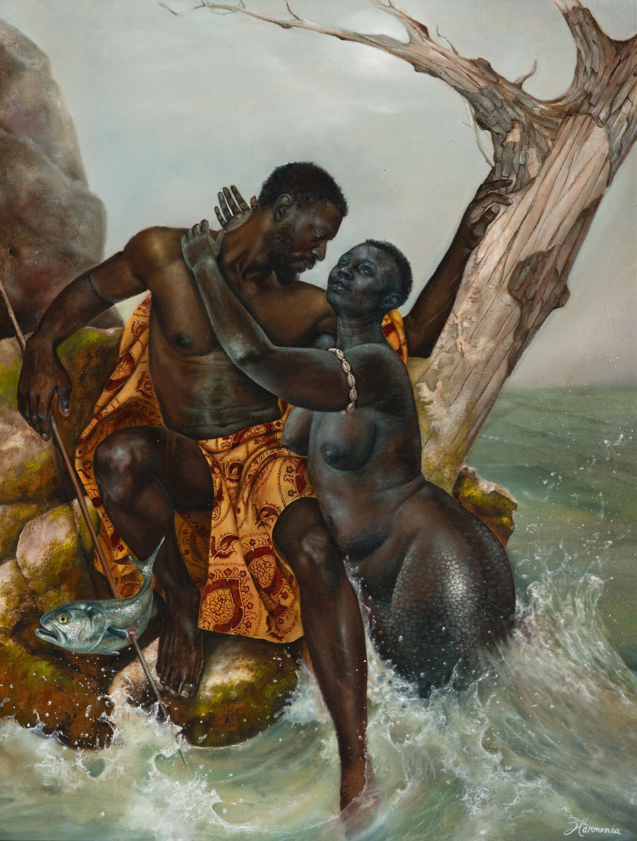 Embora Rosales retrate a escravidão, suas pinturas também capturam a multidimensionalidade que os negros possuem – como em “Iemanjá encontra Erinle” / Lucy Garrett/Harmonia Rosales
