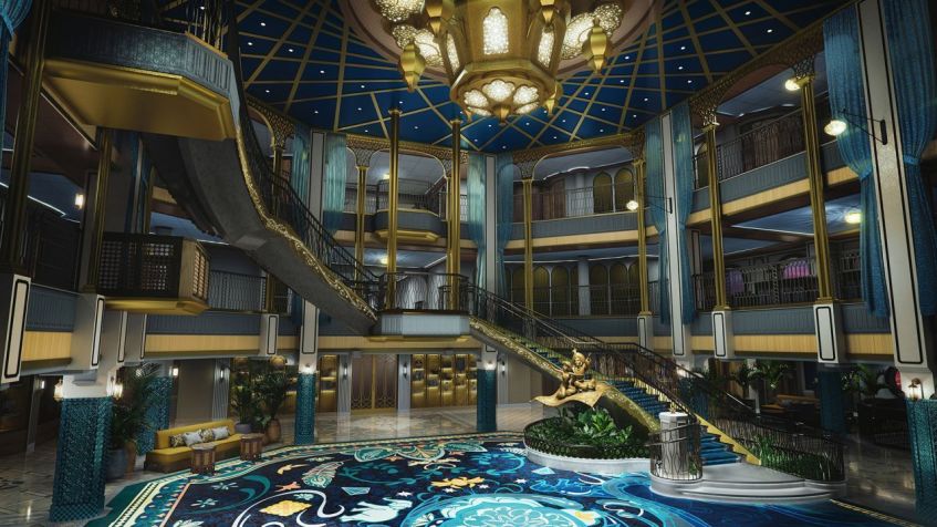 O Grand Hall do Disney Treasure é inspirado na grandeza e no mistério de um palácio dourado e se baseia nas influências do mundo real da Ásia e da África”. / Disney Cruise Line