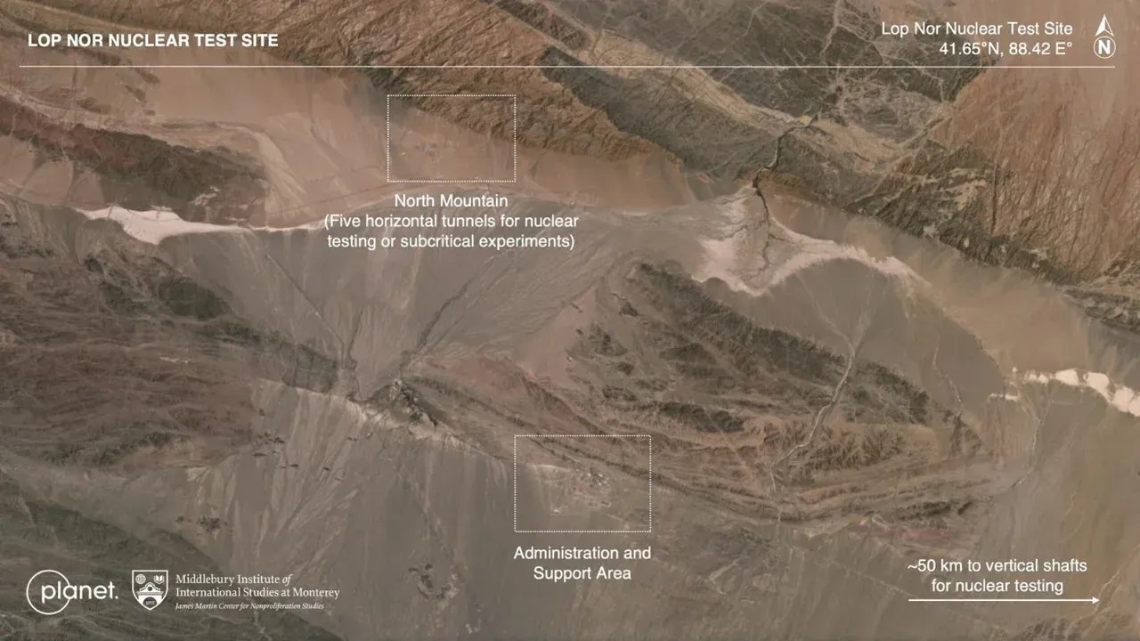 Imagens de Lop Nor, onde a China faz testes nucleares, mostram a construção de um novo túnel subterrâneo / Planet Labs PBC/Middlebury Institute