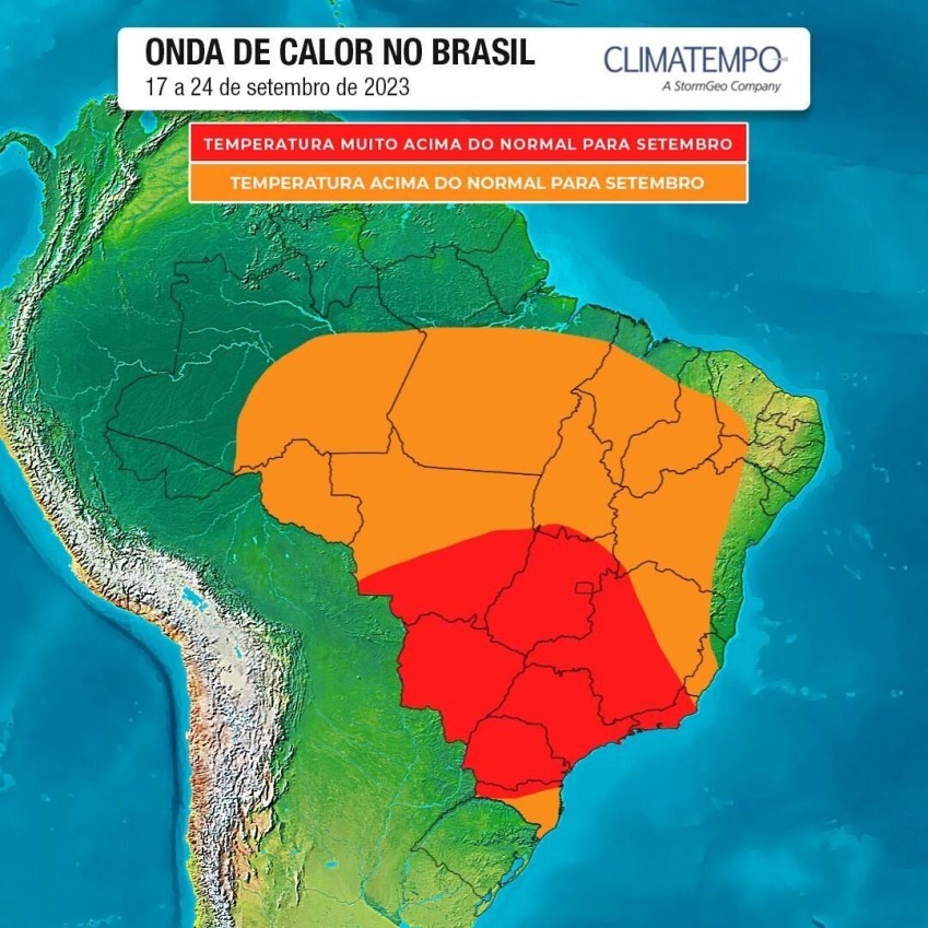 Onda de calor deve atingir fortemente a região Sudeste entre os dias 17 e 24 de setembro, segundo a Climatempo. / Climatempo