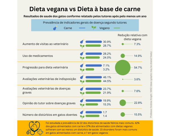 Gráfico mostra redução de indicadores gerais de doenças em gatos veganos / Infographic Knight