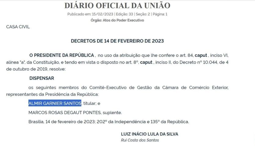 Edição do Diário Oficial que mostra dispensa de Garnier / Reprodução