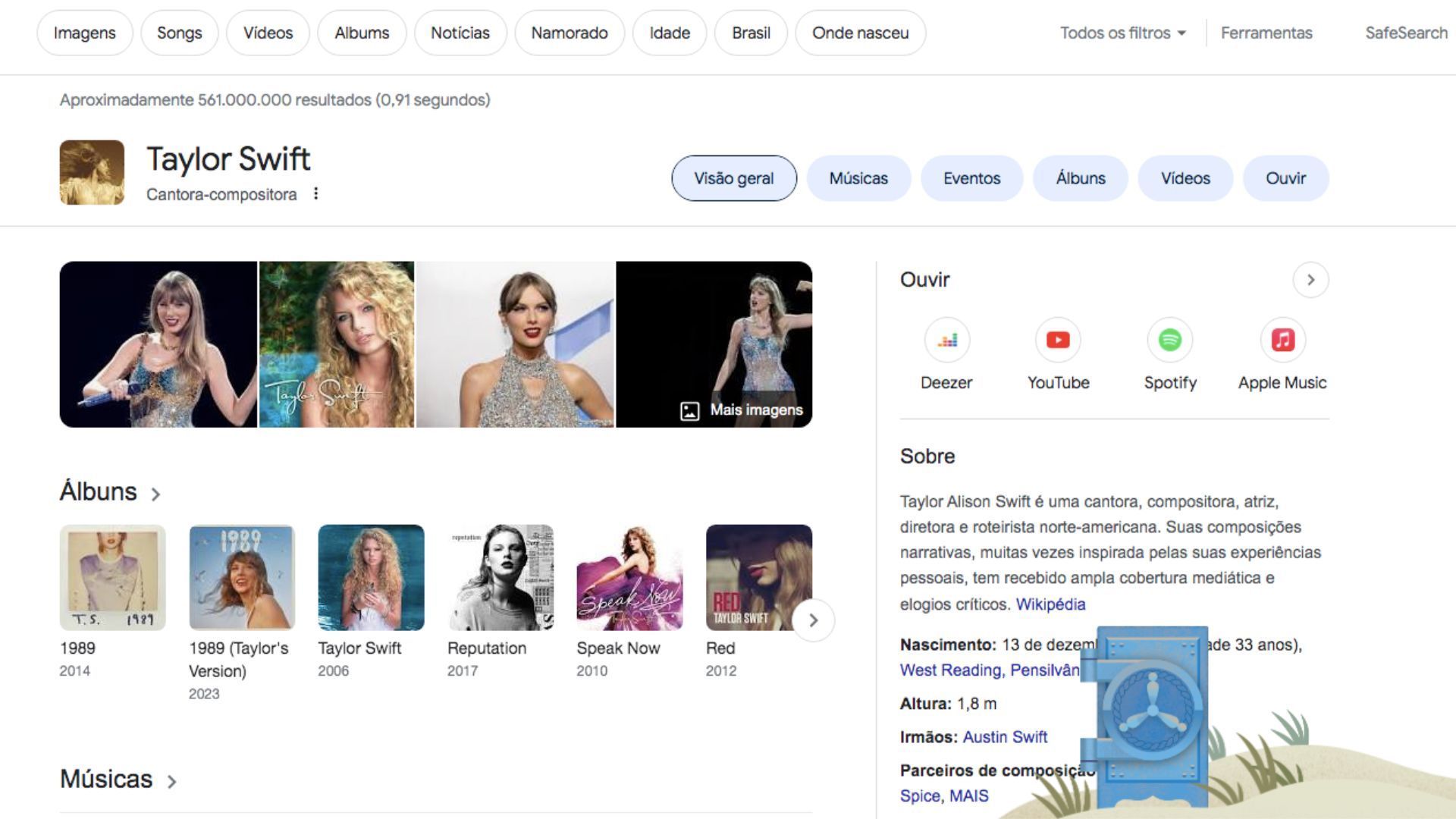 Um pequeno cofre azul aparece quando o usuário pesquisa por "Taylor Swift" / Reprodução
