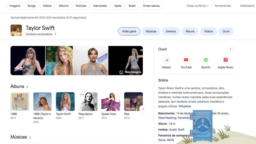 Um pequeno cofre azul aparece quando o usuário pesquisa por "Taylor Swift" / Reprodução