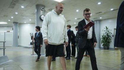WASHINGTON, DC - JUNE 12: Sen. John Fetterman (D-PA) walks through the Senate subway on his way to a nomination vote at the U.S. Capitol on June 12, 2023 in Washington, DC. The Senate is returning to work Monday evening after the weekend.