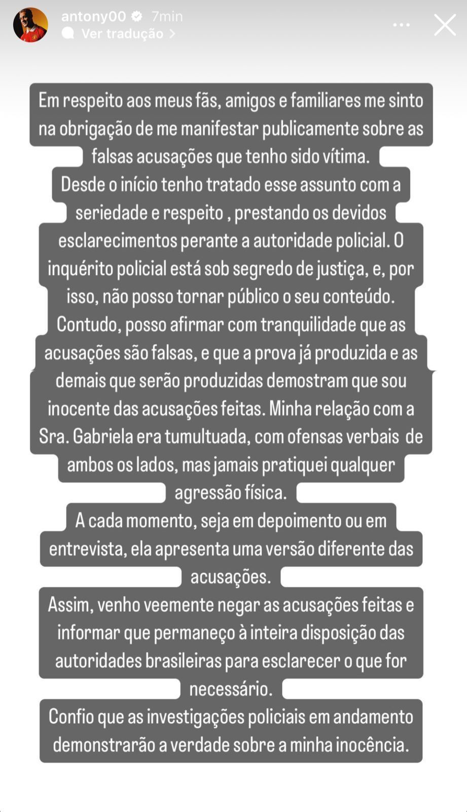 Antony negou todas as acusações realizadas pela ex-namorada / Reprodução/Instagram Antony