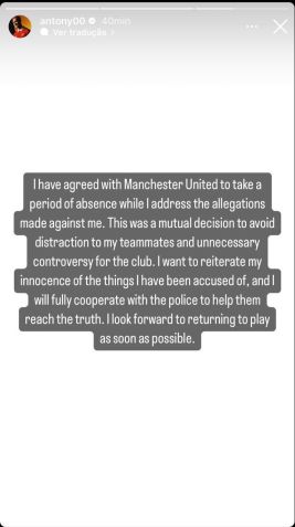 Antony falou sobre seu afastamento do Manchester nos stories do Instagram / Reprodução/Instagram